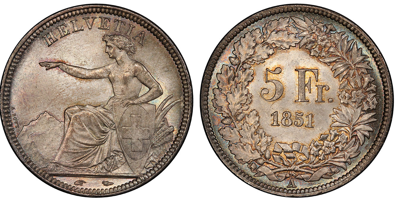 SWITZ  1851-A AR 5 Francs. PCGS MS65 Dav.-376; HMZ 21197b.